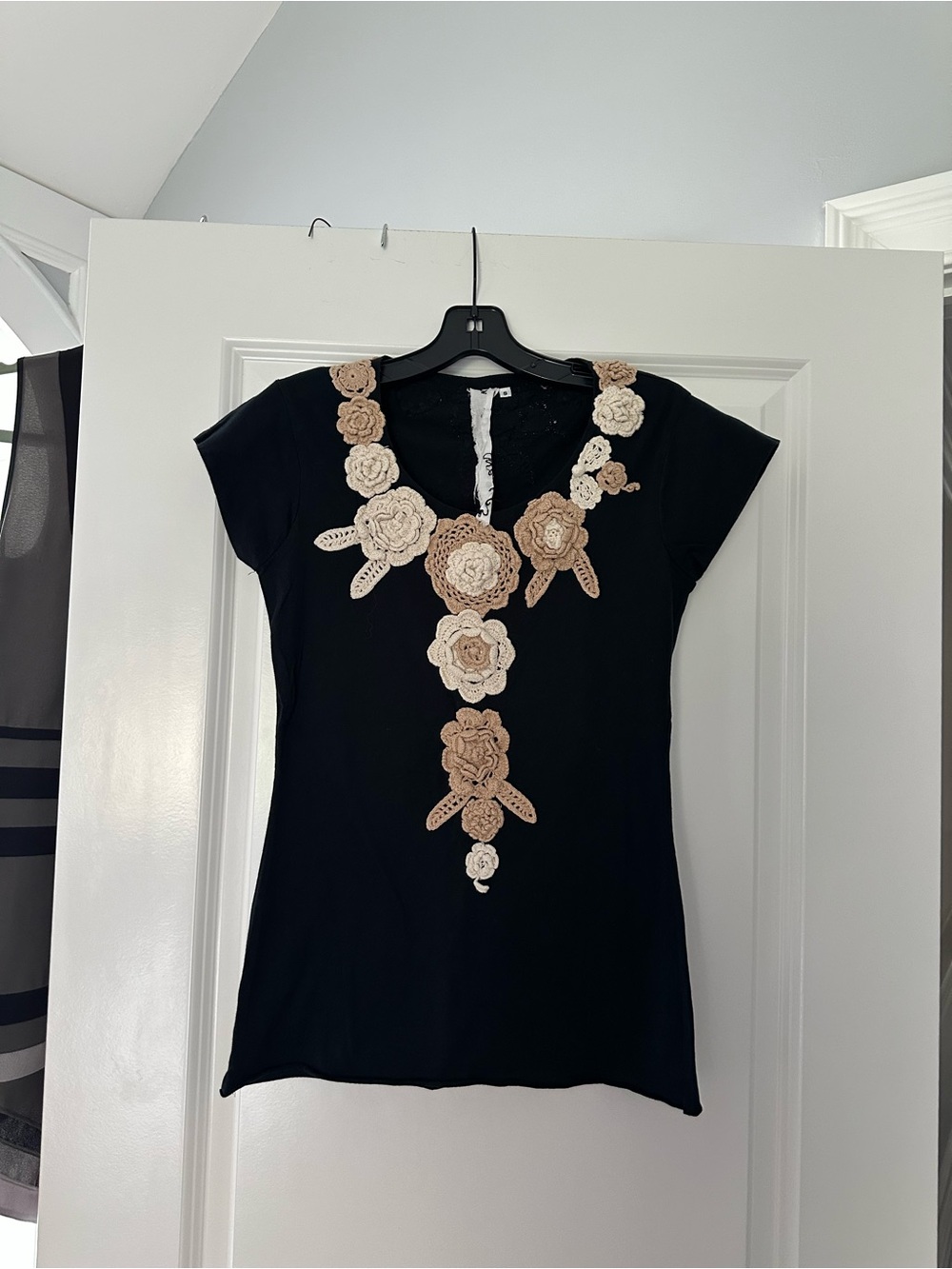 Anthropologie Black Short Sleeve Top with Cream & Tan Floral Appliqué